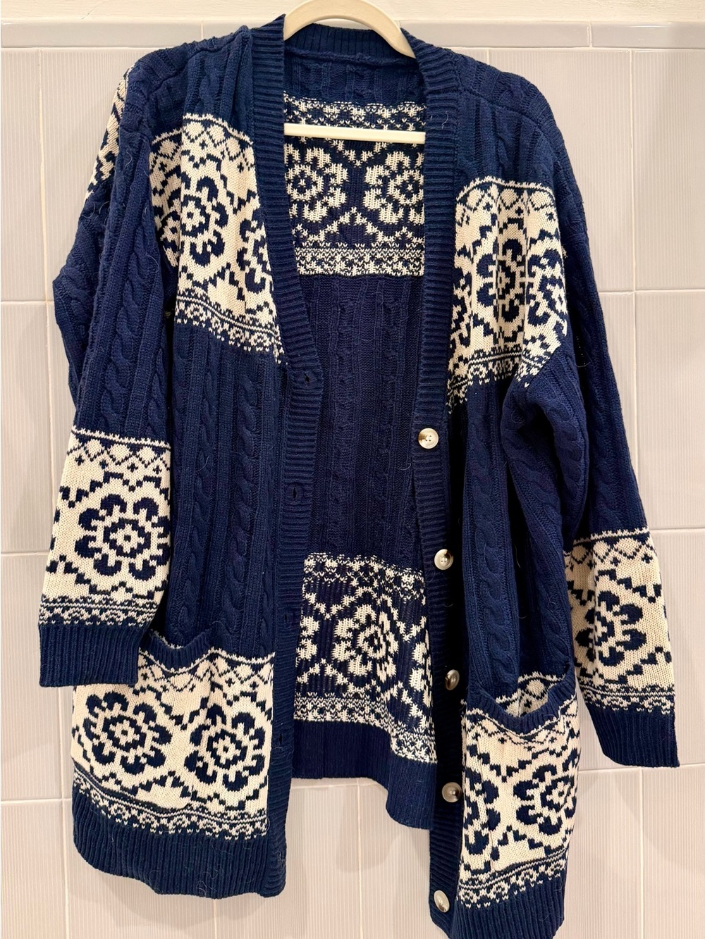 Navy and Cream Patterned Cable-Knit Cardigan Sweater